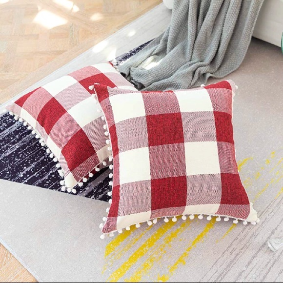 Classic Red/White Gingham Pompom Farmhouse Preppy Chic Cute Throw Pillow Covers - Picture 3 of 9